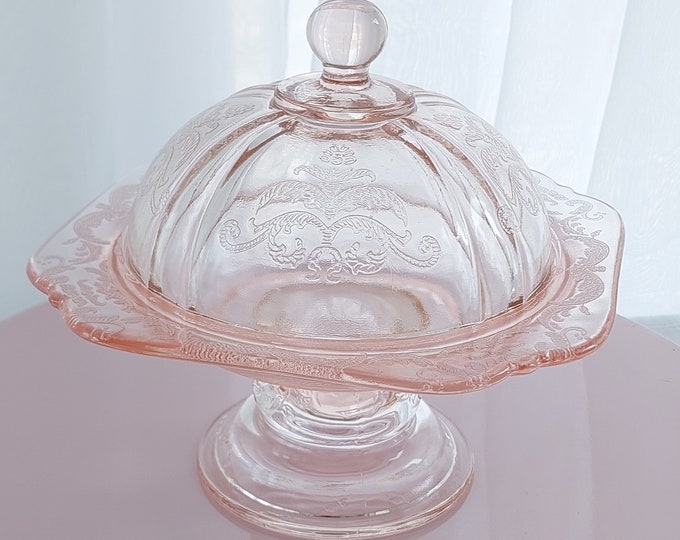 Pink Glass Candy Dish, Federal Glass MADRID Recollections, Cheese Butter Dish with Lid