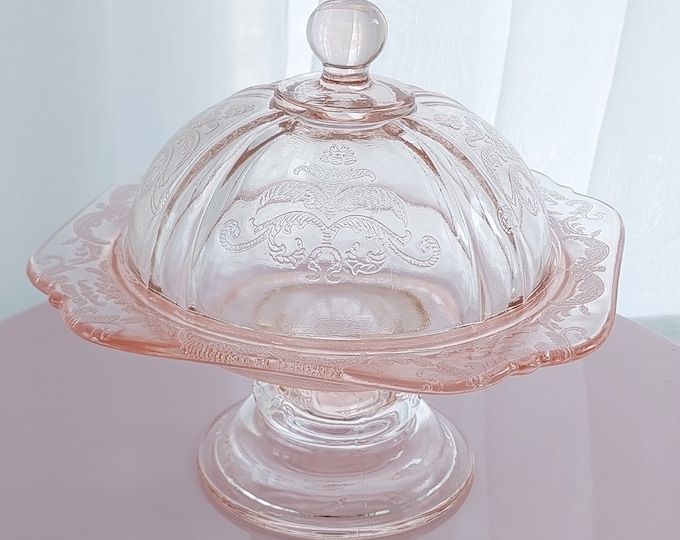 Pink Glass Candy Dish, Federal Glass MADRID Recollections, Cheese Butter Dish with Lid