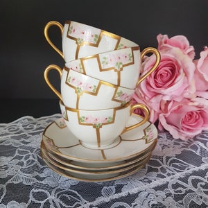 Antique Limoges Tea Cup and Saucer Set: Hand-Painted Pink Roses, Art Deco