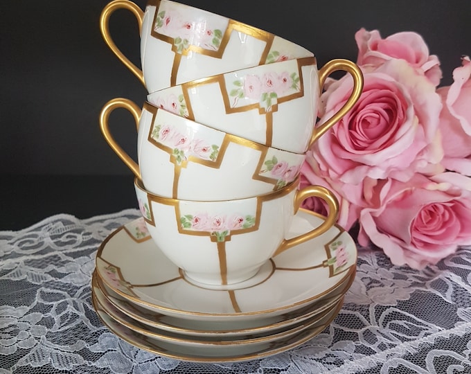 Antique Tea Cup and Saucer Set, T&V Limoges, Hand Painted, Pink Roses, Art Deco, Tea Party for 4, early 1900s