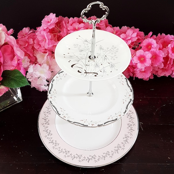 Handmade Pink & Silver Bone China Cake Stand: Vintage English Tiered Server