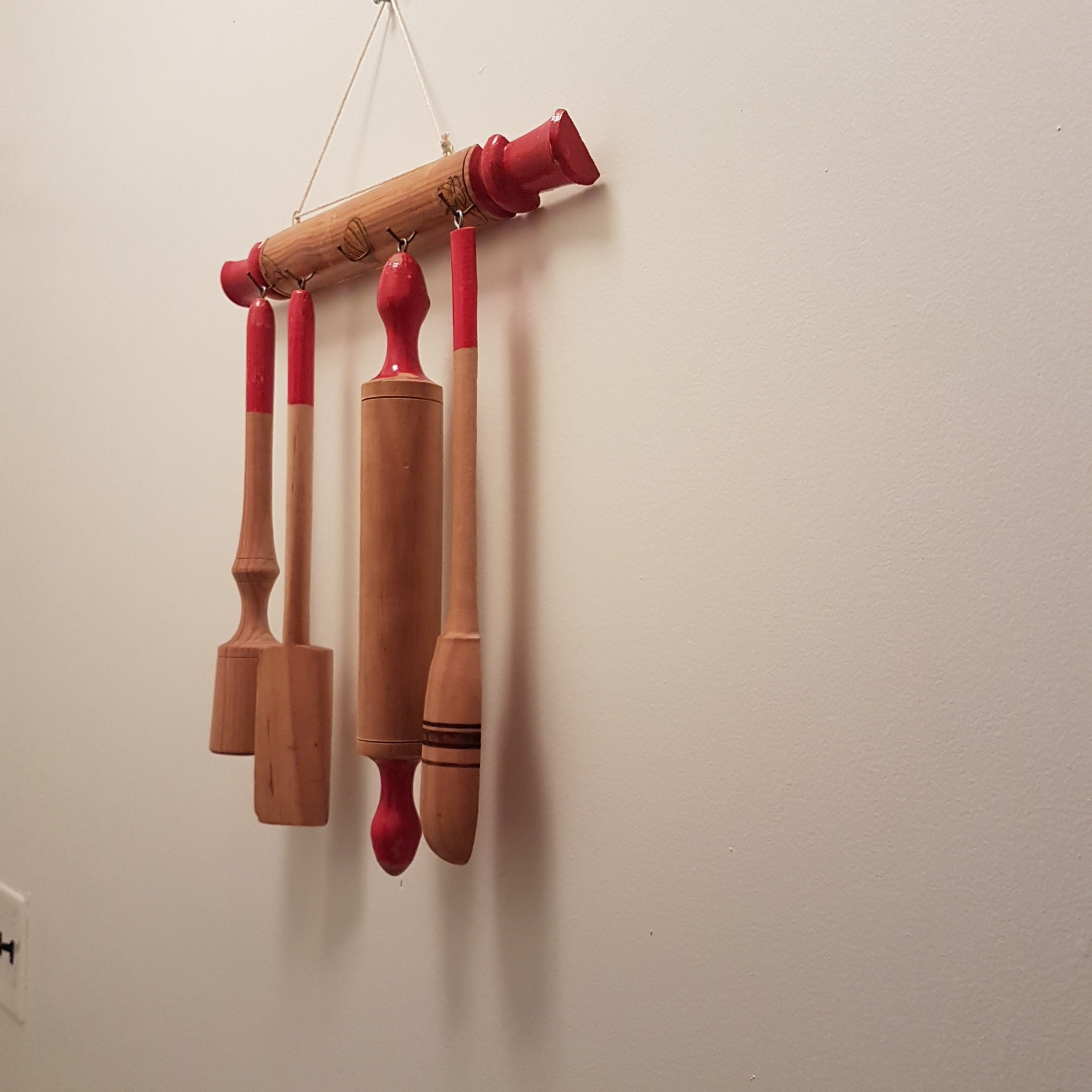 Vintage Red Wooden Hanging Kitchen Utensils, Kitchen Wall Decor