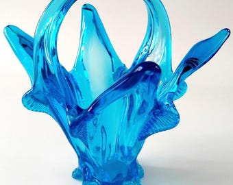 Vintage Chalet Glass Blue Freeform Collectible 7.5-inch | MCM Hand Blown Art Glass Pedestal Basket