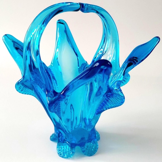 Vintage Chalet Glass Blue Freeform Collectible 7.5-inch | MCM Hand Blown Art Glass Pedestal Basket