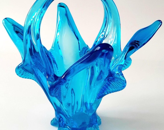 Vintage Chalet Glass Blue Freeform Collectible 7.5-inch | MCM Hand Blown Art Glass Pedestal Basket