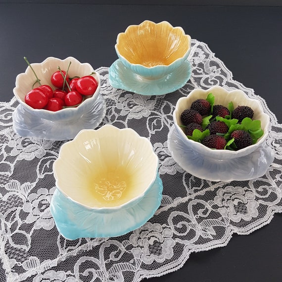 Rare Vintage Royal Winton Iridescent Lotus Blossom Bowls, Art Deco Lusterware Dessert Dishes with Lily Pad Saucer