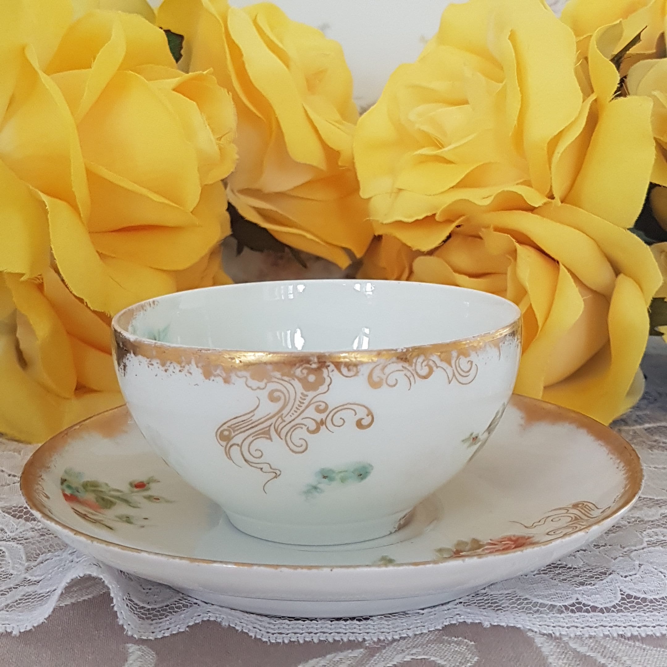 Tea Cup and Saucer, Antique GD & Cie, Limoges France, Hand Painted