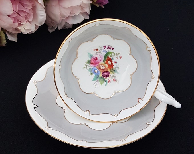 Vintage Coalport Bone China Tea Cup and Saucer, Grey with Florals, Made in England, 1920s+