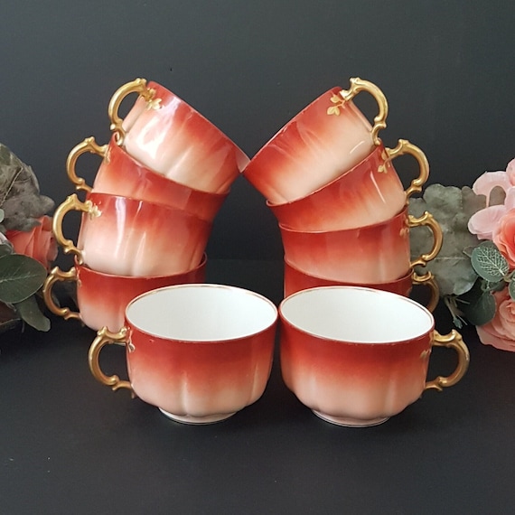 Antique Haviland Limoges Tea Cups Set of 10 Hand-Painted Porcelain 1879-1889 French