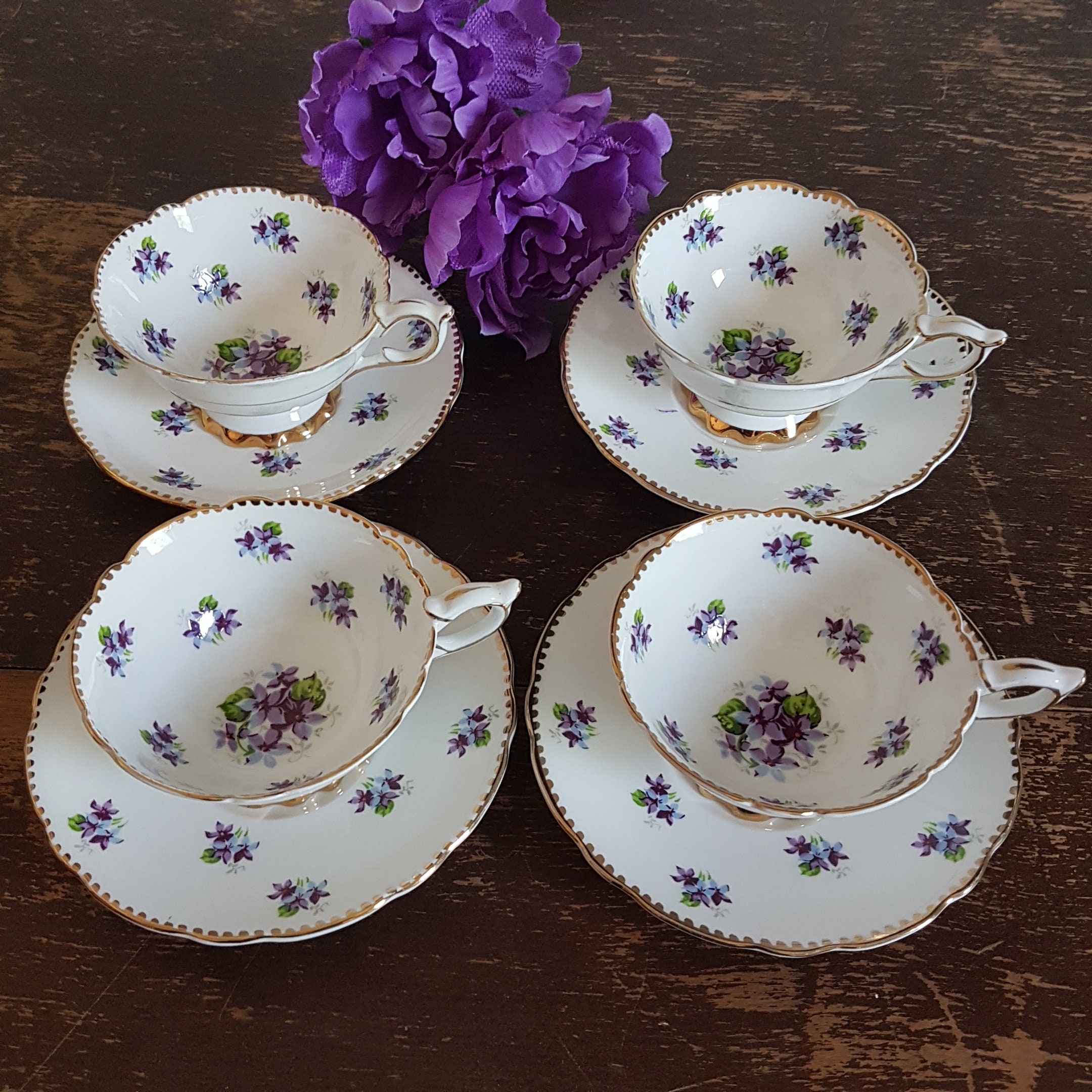 Set of 4 Bone China Tea Cup & Saucer Sets, Royal Stafford SWEET VIOLETS