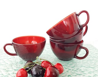Anchor Hocking Royal Ruby Red Glass Tea Cups, Set of 4, Mid Century Modern MCM Punch Coffee Cups, 1940s Retro Drinkware
