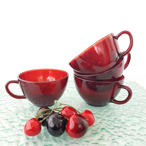 Anchor Hocking Royal Ruby Red Glass Tea Cups, Set of 4, Mid Century Modern MCM Punch Coffee Cups, 1940s Retro Drinkware