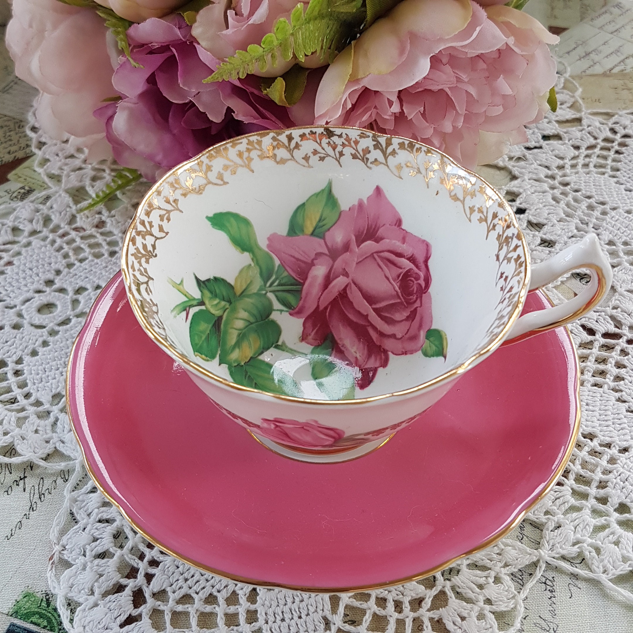 Mismatched Tea Cup And Saucer Duo Pink Aynsley Saucer Collingwoods Tudor Rose Tea Cup Shabby 