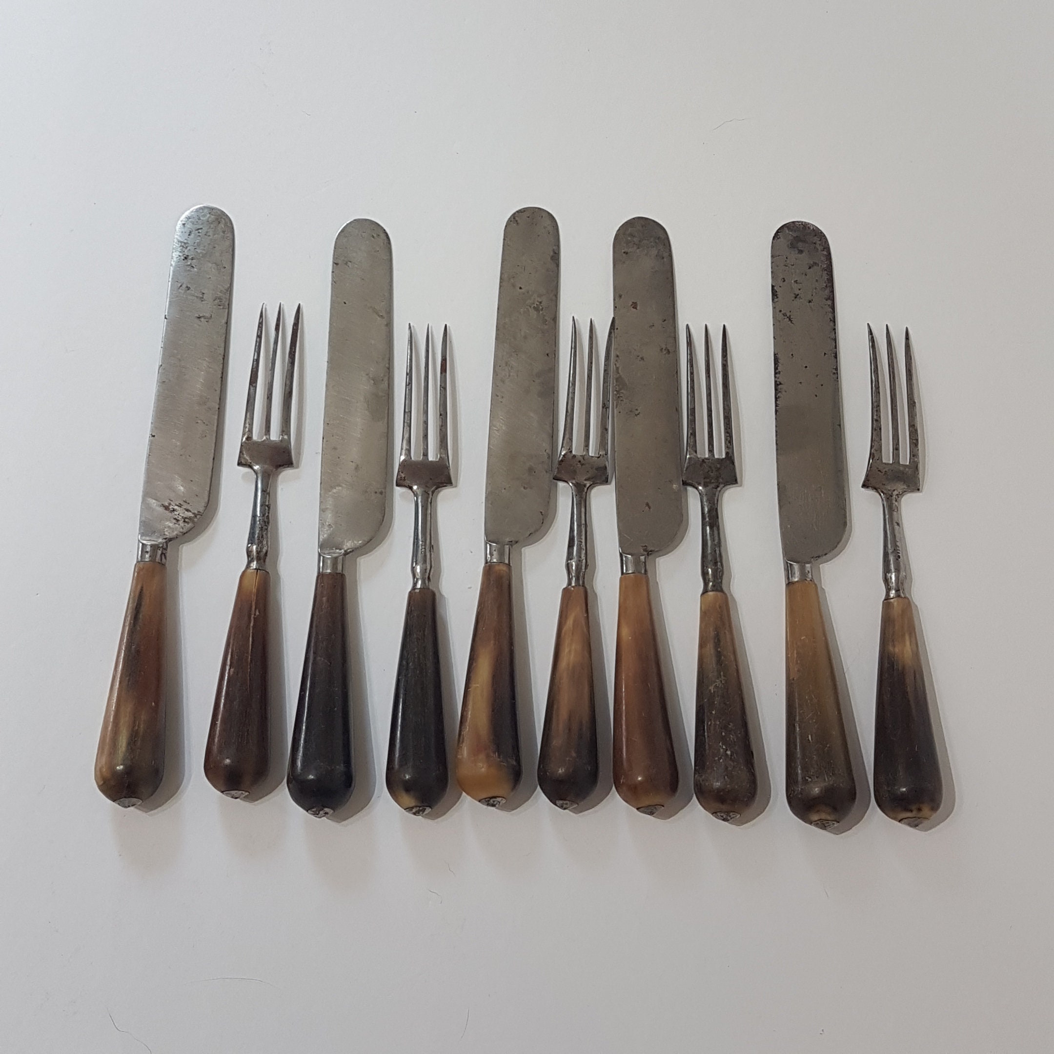 Antique 19th Century John Dobie Cutlery 5 Fork 5 Knife Set, Staghorn