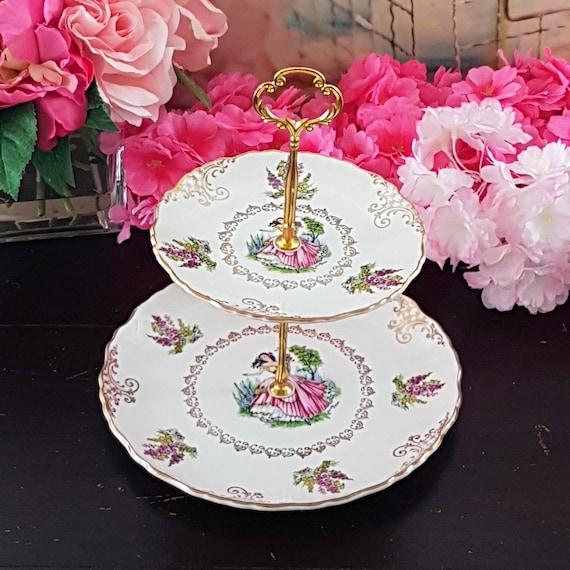 Vintage English Pottery James Kent 2-Tier Cake Stand Old Foley Dainty Miss