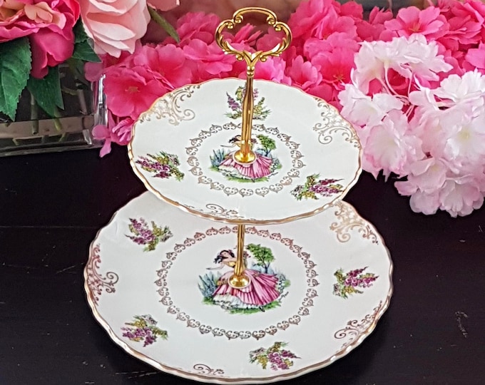 Vintage 2-Tier Cake Stand: James Kent Old Foley Dainty Miss - Bridgerton-Inspired Dessert Tray