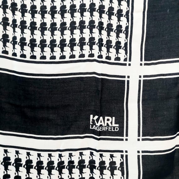 Authentic Karl Lagerfeld Black and White Profile Houndstooth Square Scarf, Iconic Designer Neck Wrap