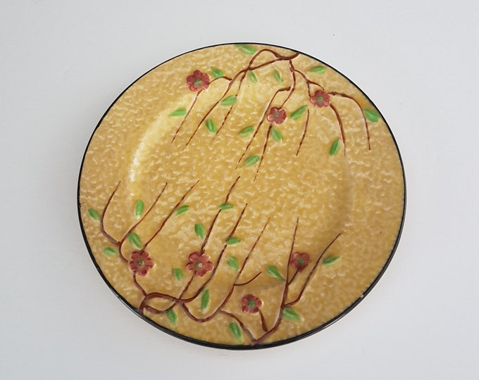 Hand Painted Side Plates, 6 inch, CHERRY BLOSSOM on Yellow Textured Majolica Pottery, Hotta Yu Shoten, Made in Japan