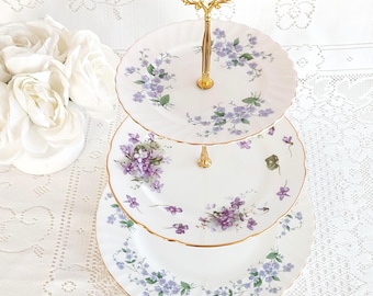 3 Tier Bone China Cake Stand Blue Purple Floral Dessert Serving Tray