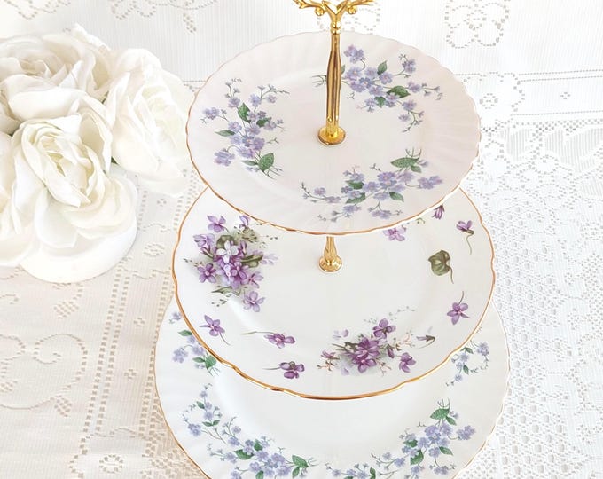 3 Tier Bone China Cake Stand Blue Purple Floral Dessert Serving Tray