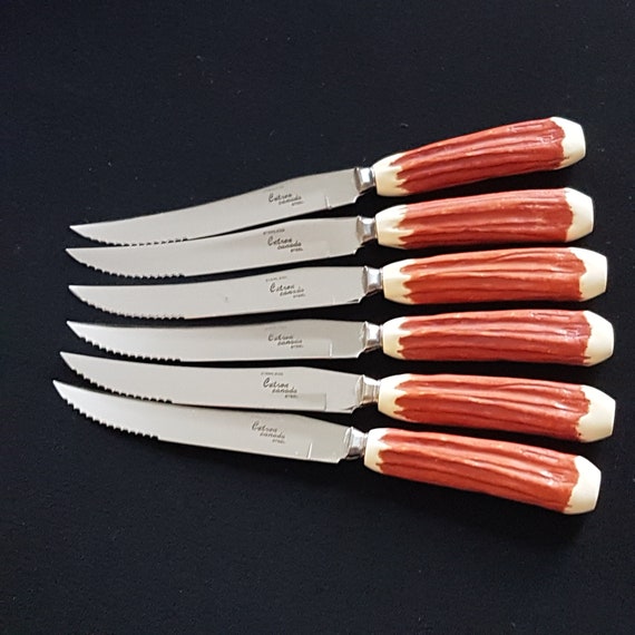 Mid Century Cutron Canada Steak Knife Set: Faux Antler Handles