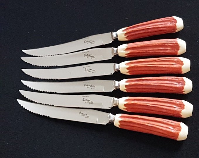 Mid Century Steak Knife Set of 6, Cutron Canada Stainless Steel with Faux Antler Handles