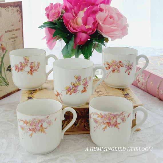 Antique Jean Pouyant Limoges Coffee Cup Set Hand-Painted Pink Yellow Flowers France 1890-1902