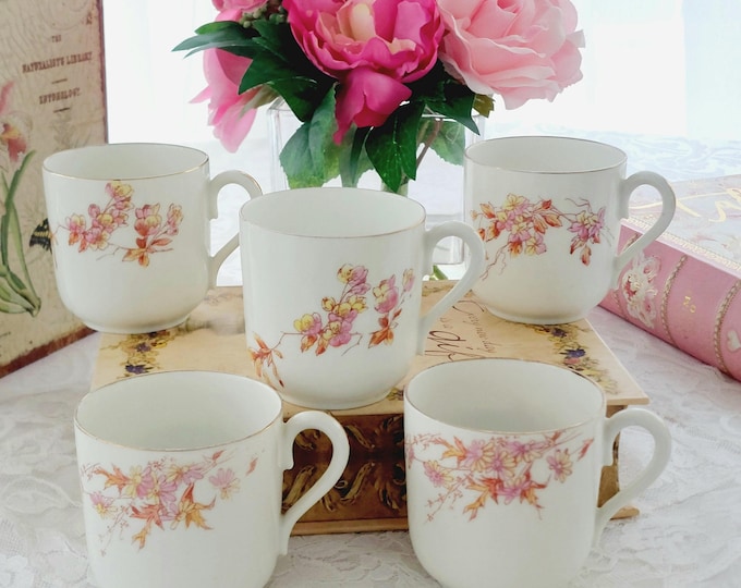 Antique Jean Pouyant Limoges Coffee Cup Set Hand-Painted Pink Yellow Flowers France 1890-1902