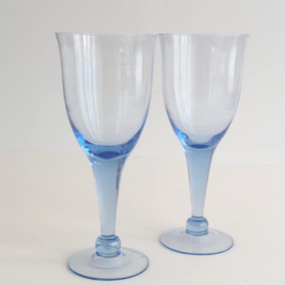 Vintage Artisan Hand-Blown Blue Wine Glasses Set of 2 Cocktail Stemware