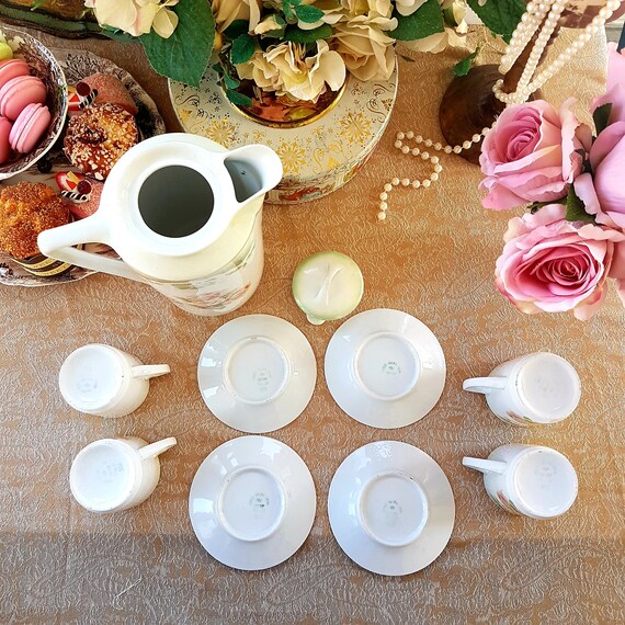 Antique 3 Crown China Chocolate Pot Set: Rose Floral Tea Cups