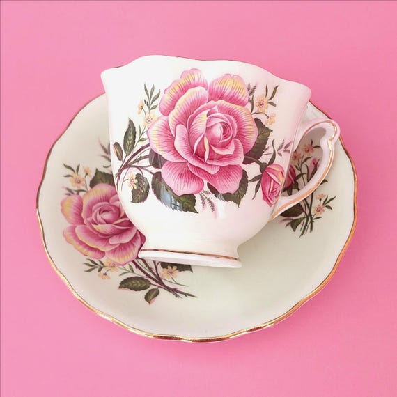 Vintage Colclough Pink Cabbage Rose Teacup and Saucer Set | Fine English Bone China