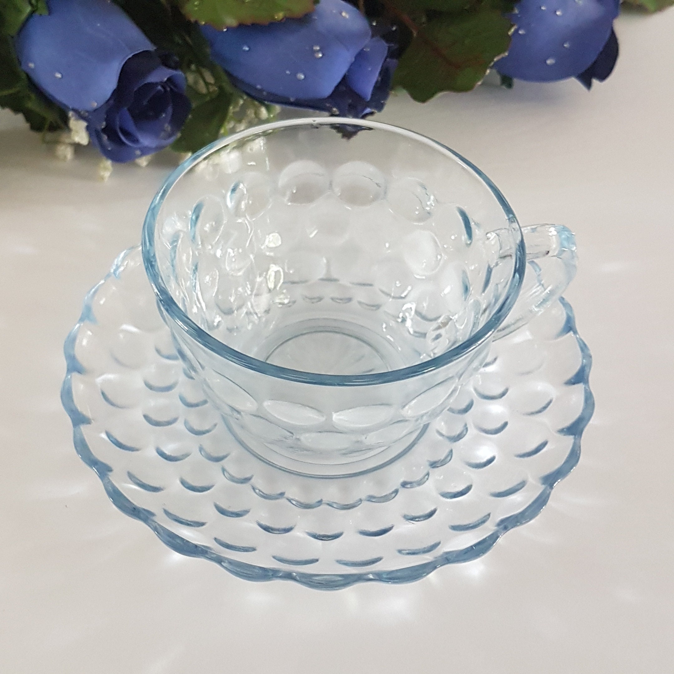Tea Cup and Saucer, Vintage Anchor Hocking Blue Bubble Glass, Blue