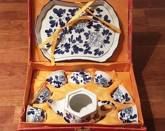 Vintage Oriental Saki Set, Miniature Saki Set, Child's Tea Set in Original Box, Blue and White Porcelain
