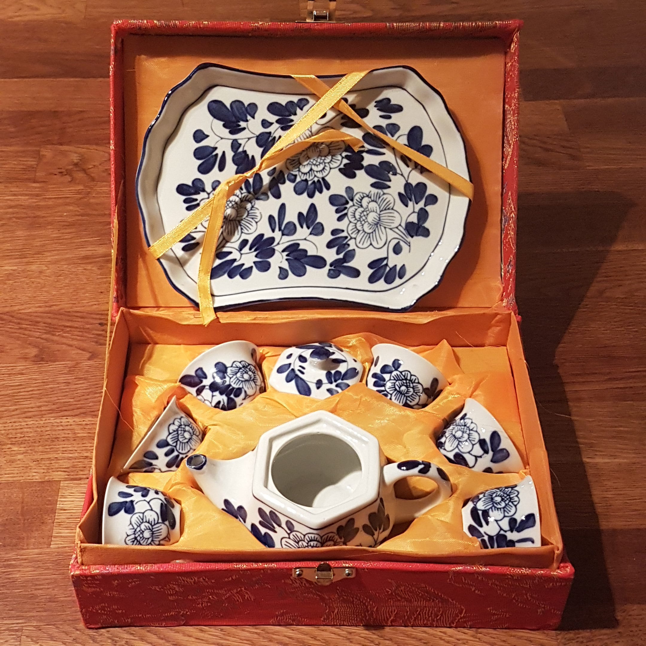 Vintage Oriental Saki Set, Miniature Saki Set, Child's Tea Set in Original Box, Blue and White