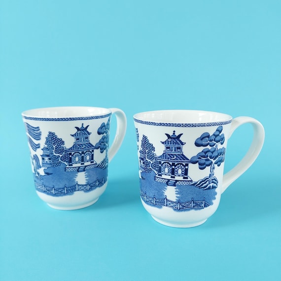 Vintage Blue Willow Coffee Mugs Set of 2 Made in England Ironstone Cups