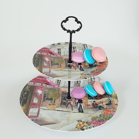 2 Tier Cake Stand Paris Cafe French Street Scene Tiered Afternoon Tea Serving Tray