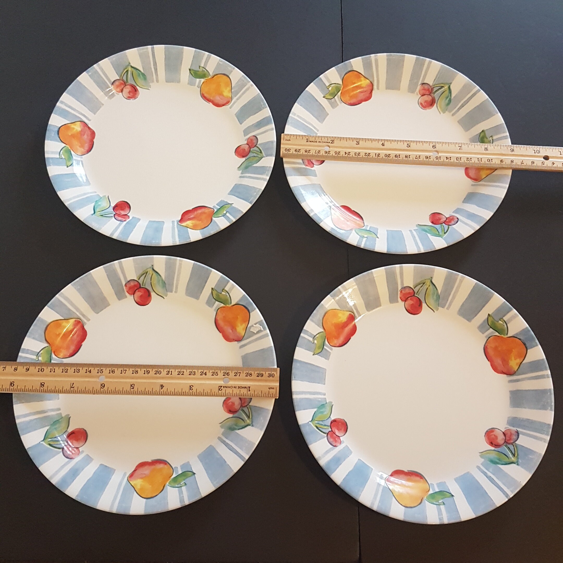 Corelle 9 Apple Peach Cherry Dinner Plates, Set of 4, Corelle Fruit Basket, Blue Band Rim