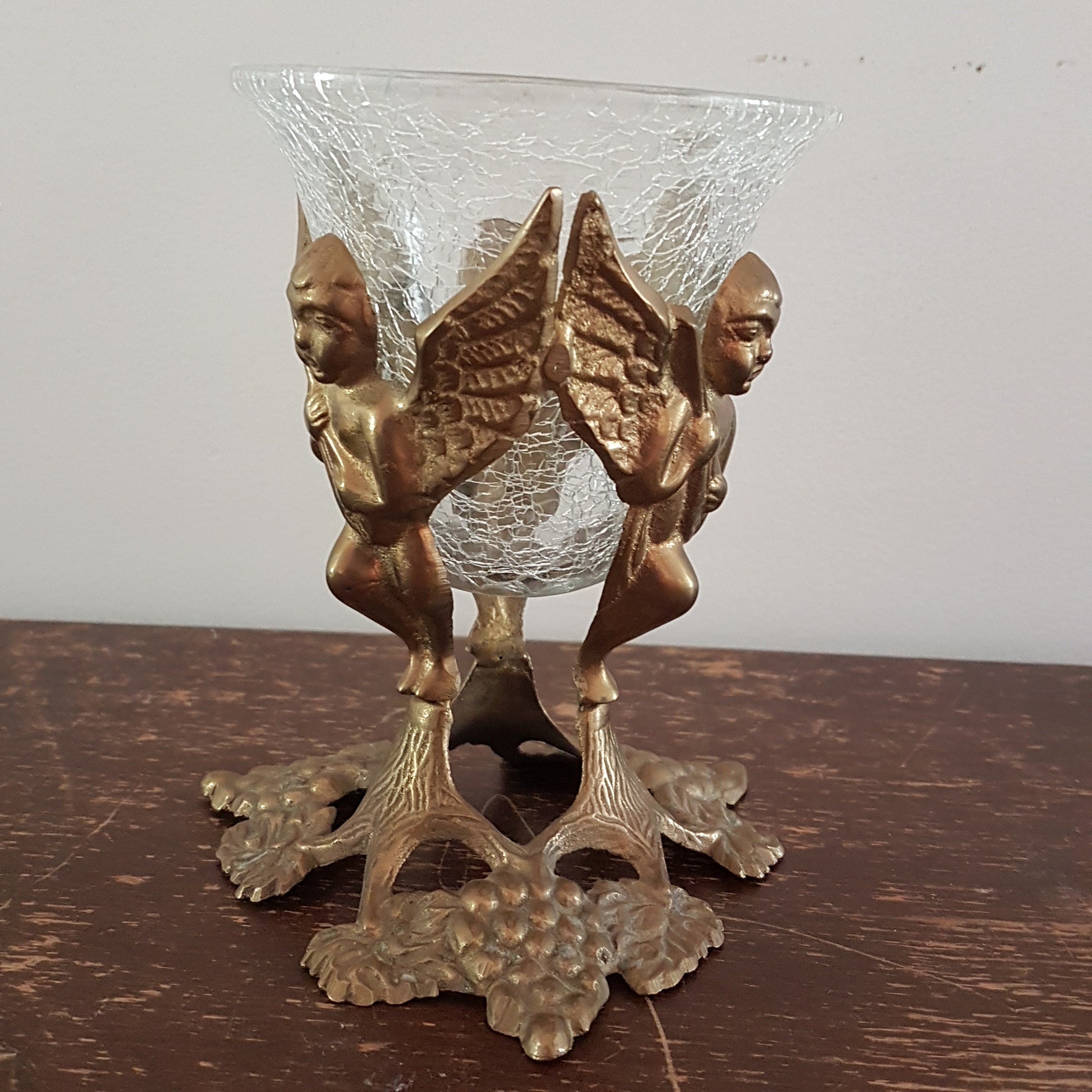 Vintage Brass Angel Candle Holder with Crackle Glass Bowl, Glass Candy