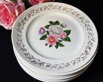 BOUQUET, British Empire Ware, 22kt Gold, 8" Side Salad Plates, Set of 4, 2 Sets Available, 1930s