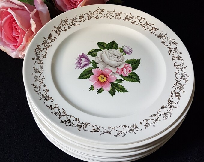 BOUQUET, British Empire Ware, 22kt Gold, 8" Side Salad Plates, Set of 4, 2 Sets Available, 1930s