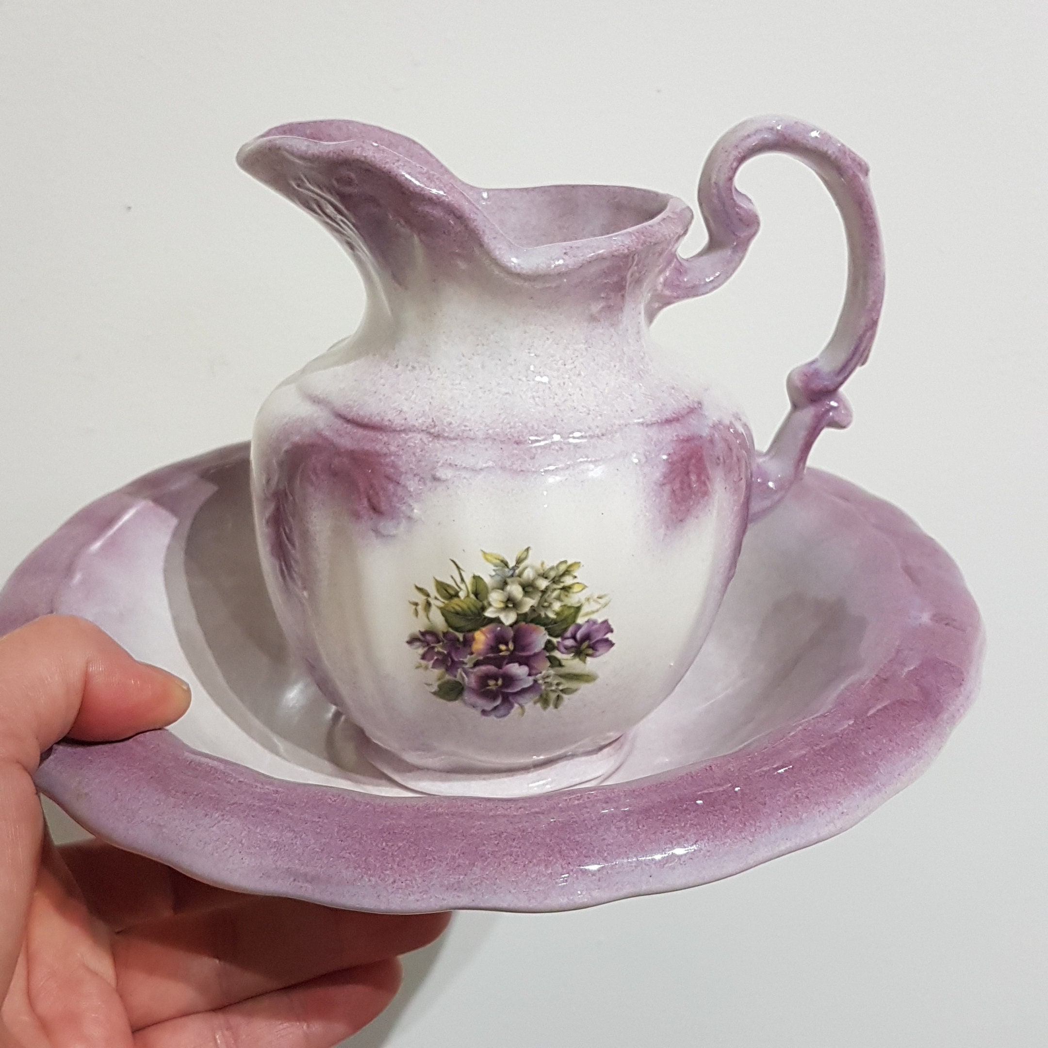 Vintage Arner's Ceramic Purple Violets Floral Pitcher & Basin Set
