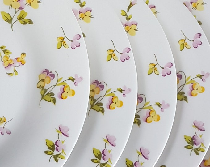 Milk Glass Salad Plates, 7.5 inch, Martha Stewart Everyday Yellow Purple Violets, MTW27, Modern Dinnerware, Microwave Dishwasher Safe