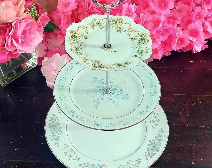 3-Tier Blue & Silver Vintage Cake Stand: Porcelain Dessert Tray