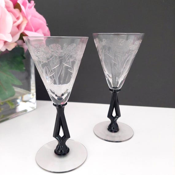1930s Morgantown Ebony Crystal Art Moderne Cordial Glasses Etched Clear Bowl Black Stem #7640