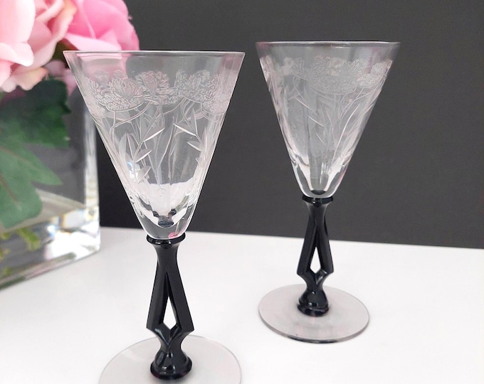 1930s Morgantown Ebony Crystal Art Moderne Cordial Glasses Etched Clear Bowl Black Stem #7640