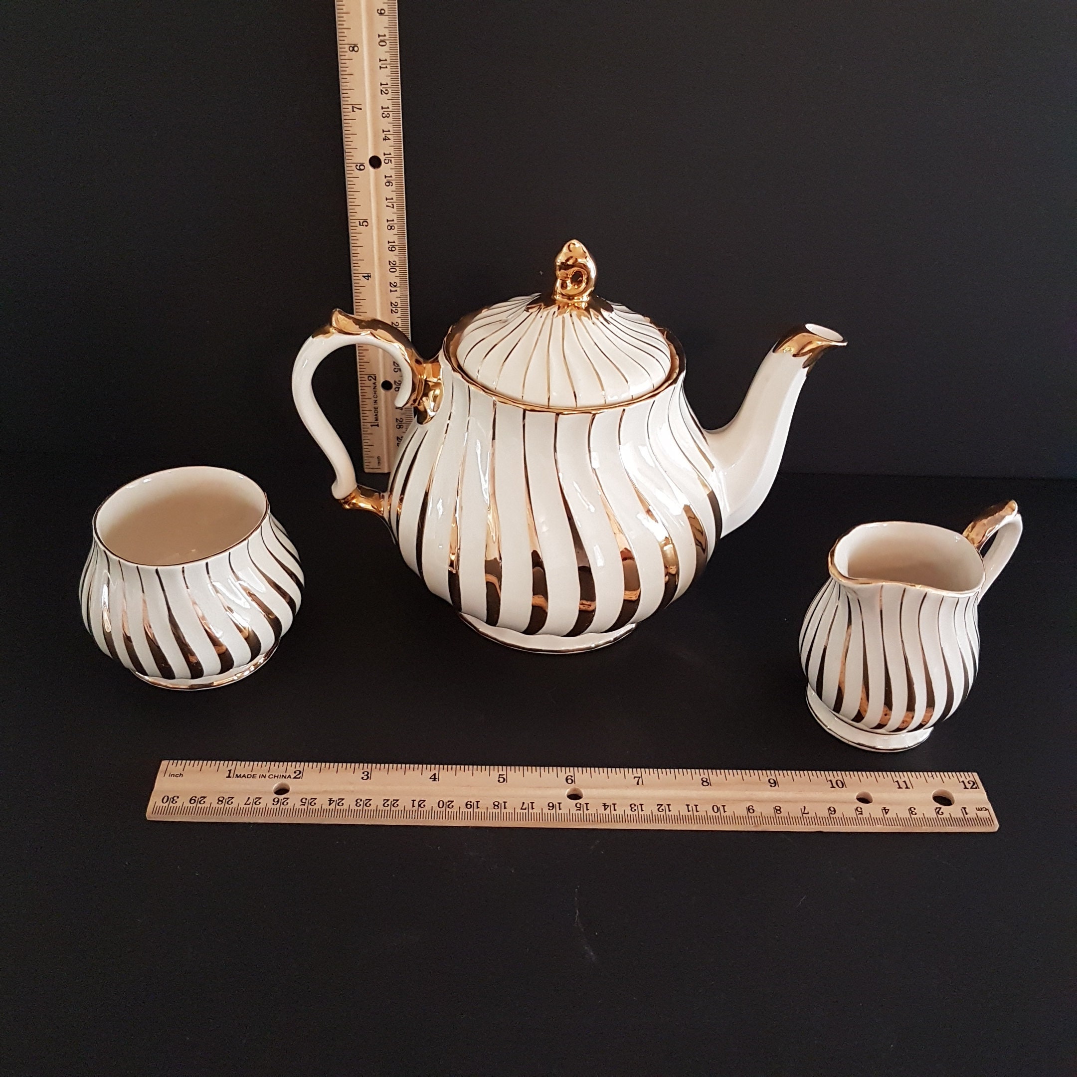 Vintage Sadler Teapot Creamer Sugar Bowl Tea Set, Ivory Swirled, Gold
