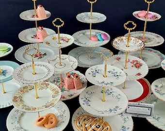3-Tier Vintage English Bone China Cake Stand with Gold Edge Mismatched Floral Serving Tray