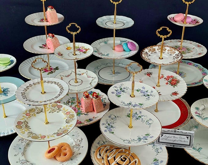 3-Tier Vintage English Bone China Cake Stand with Gold Edge Mismatched Floral Serving Tray
