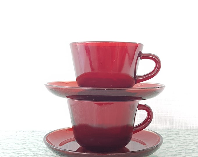 Anchor Hocking ROYAL RUBY Red Glass Tea Cup and Saucer, Sold Individually, 2 Tea Cup Saucer Sets Available