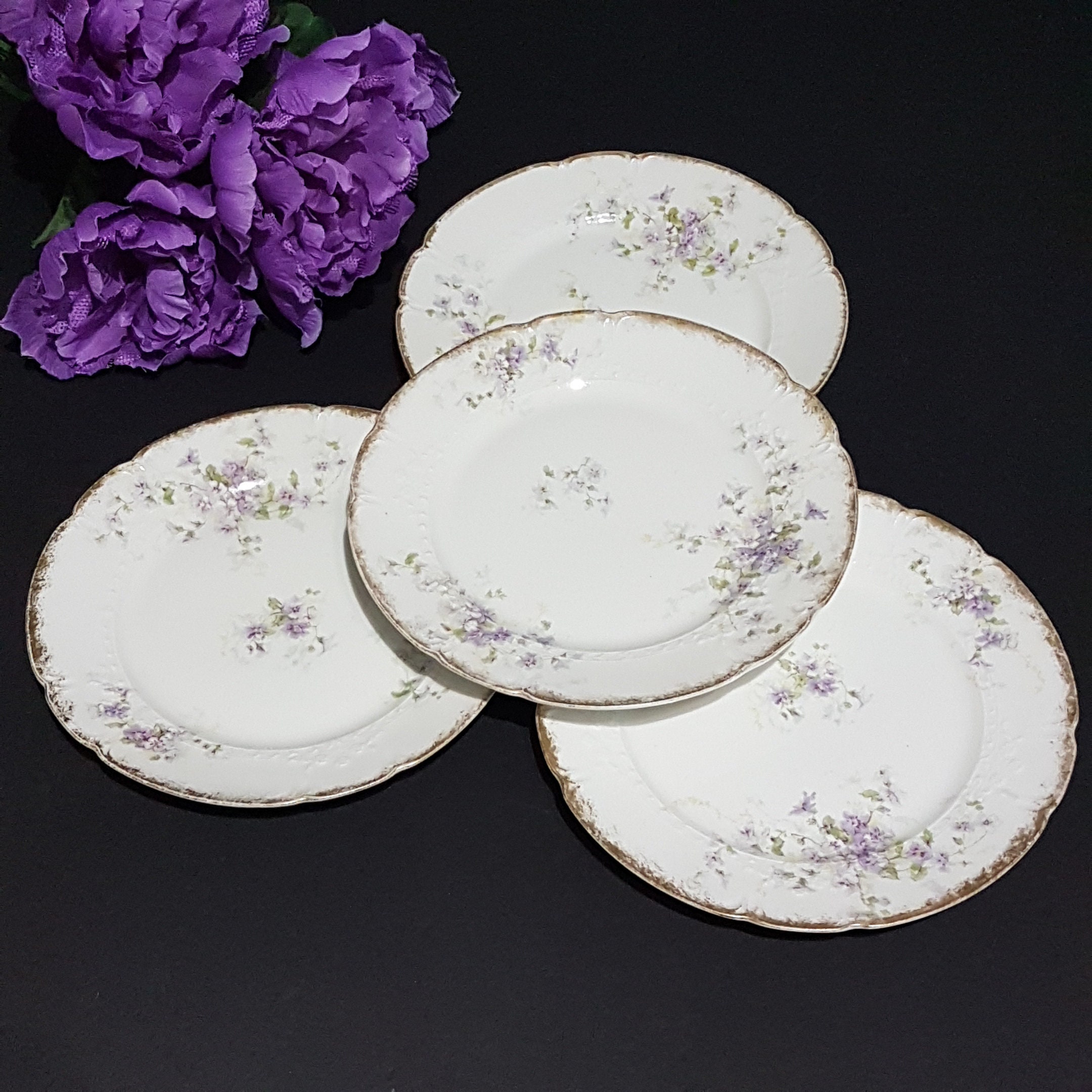 Limoges Porcelain Dessert Plates, Set of 4, Purple Flowers, GDA France, CH Field Haviland